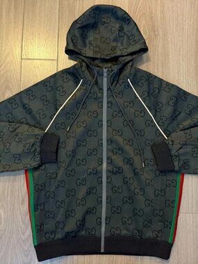 Gucci Jumbo GG Zip Jacket with Web hooded hoodie grey and dark grey sz S